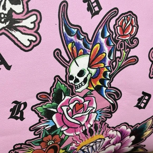 Ed Hardy Pink Y2K‎ Thermal Lunch Tote Hot or Cold Dual Straps Skulls Butterflies - Picture 3 of 15